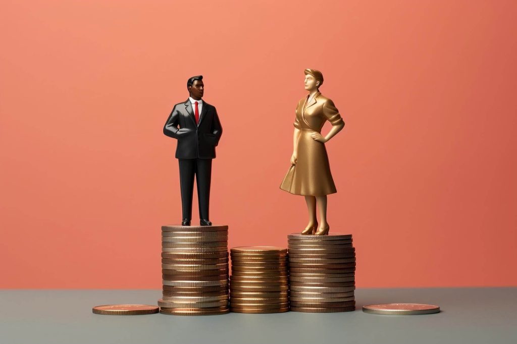 Figures of spouses stand on stacks of coins in the process of divorce